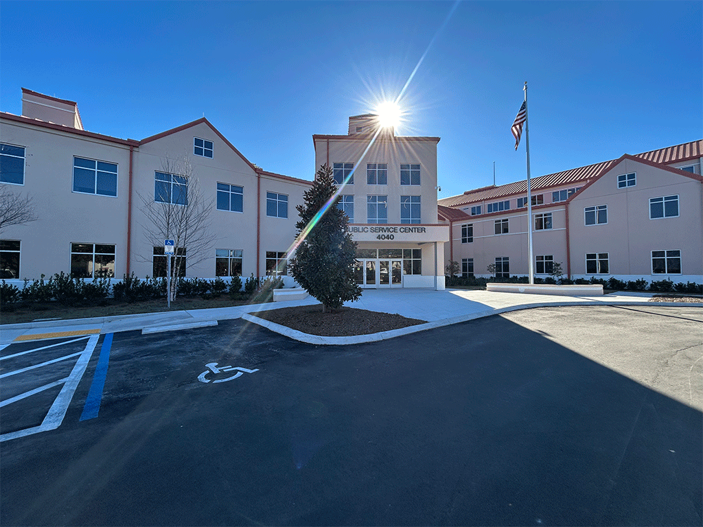 St. Johns County Permit Center building front view with parking lot