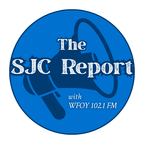 The SJC Report with WFOY 102.1 FM with megaphone graphic in the bakcground