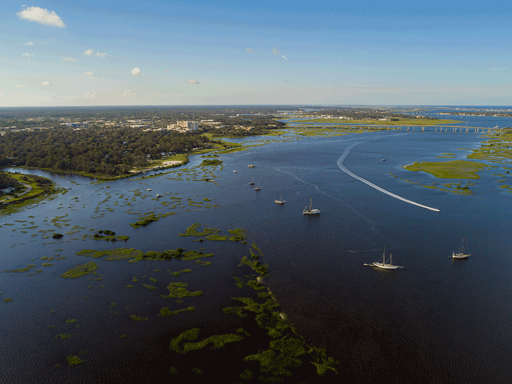 Aerial of boats in the intercoastal in St. Johns County