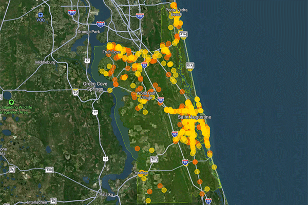 Interactive map showing yellow and red dots on locations of concern