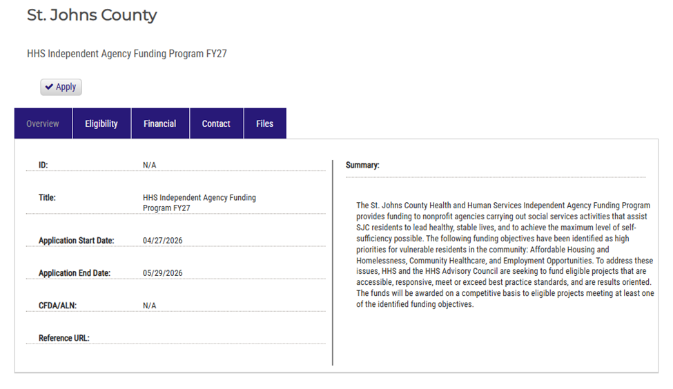 independent agency funding program web application showing the Overview, Eligibility, Financial, Contact, Files tabs with instructions on how to apply.