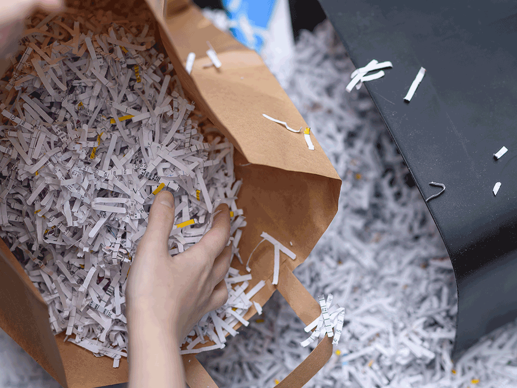 Shredded paper in a bag