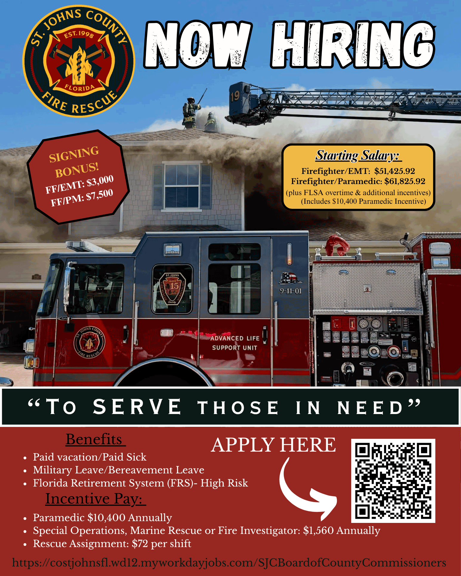 Flyer for St. Johns County Fire Rescue Hiring