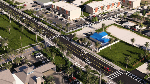 Rendition looking northeast of the proposed 10-foot wide concrete SUN Trail at Beach Boulevard between Pope Road and A1A showing crosswalks and moving traffic.