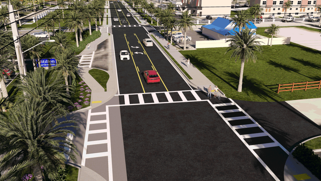 image 3: Rendition with a closer view looking north of the proposed 10-foot wide concrete SUN Trail at Beach Boulevard between Pope Road and A1A showing crosswalks and moving traffic.