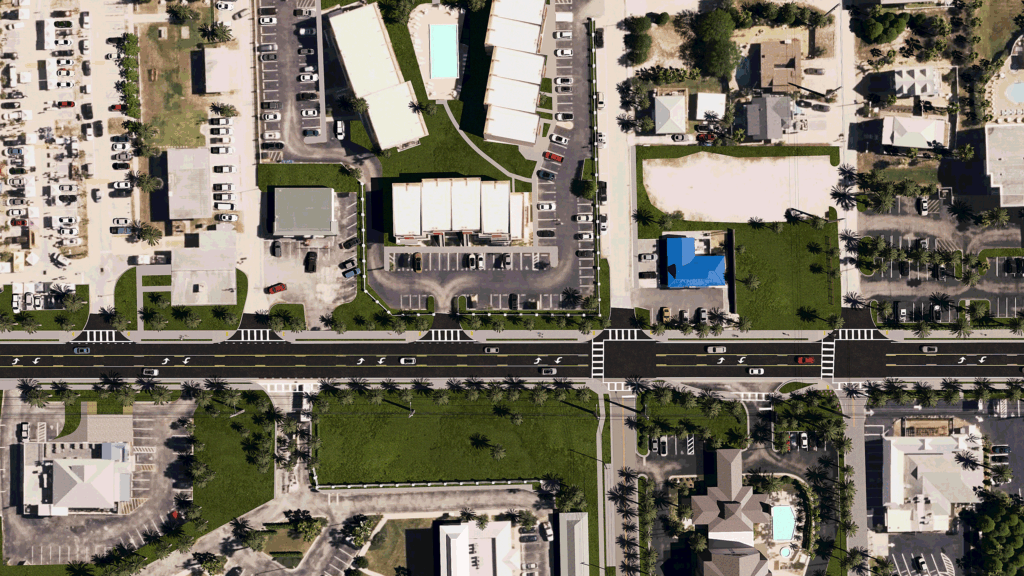 Image 4: Birds-eye-view rendition of the proposed 10-foot wide concrete SUN Trail at Beach Boulevard between Pope Road and A1A showing crosswalks and moving traffic