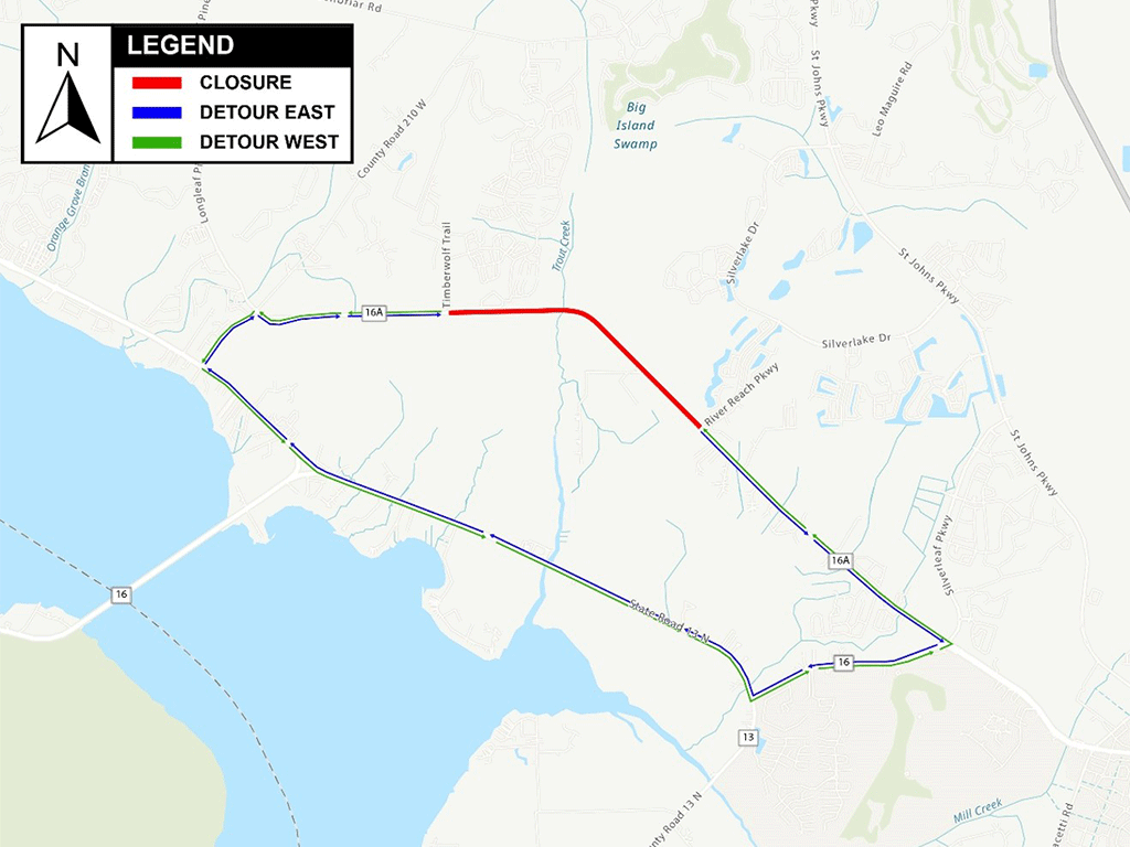 map of County Road 16A road closures and detours