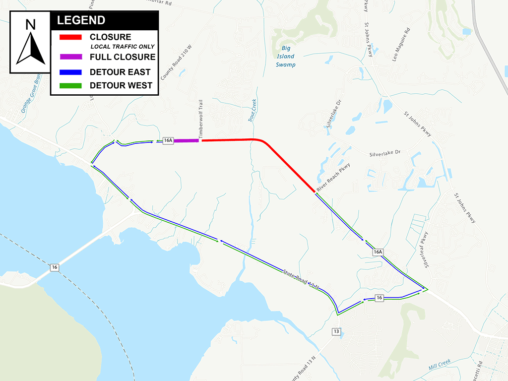 map of County Road 16A road closures and detours