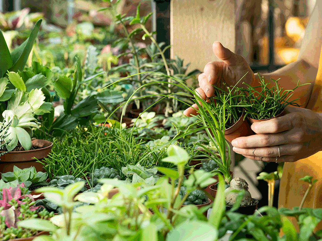 variety of potted plants clustered together as someone holds two small plants in terra cotta colored plastic pots