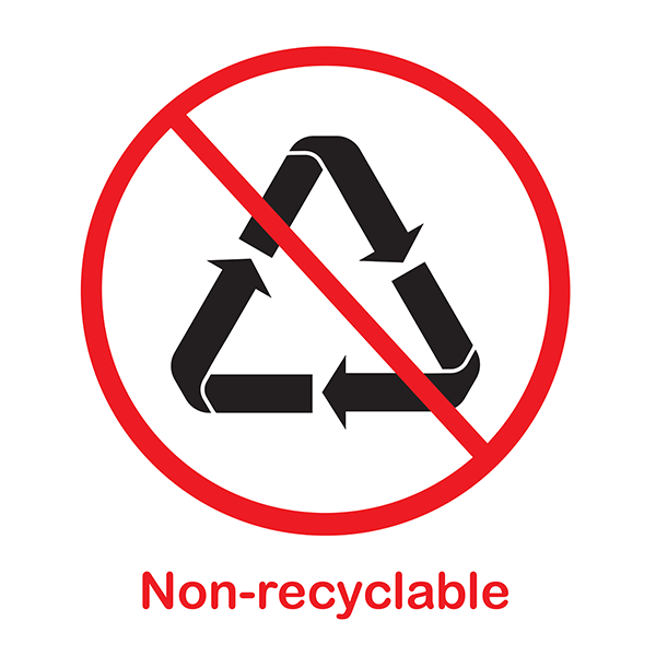 red circular icon with a slash denoting "no" with black arrows forming a triangular shape with the word Non-recyclable underneath