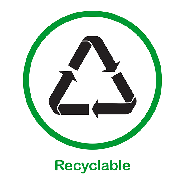 green circular icon with black arrows forming a triangular shape with the word Recyclable underneath